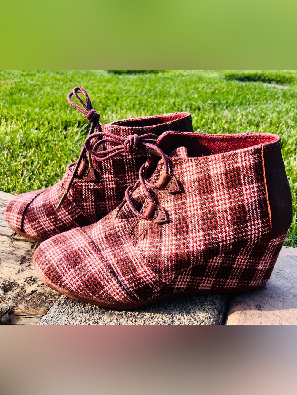 Toms Burgundy and Cream Plaid Lace-Up Wedge/Ankle Boots
